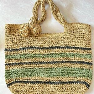 Straw Tote Bag - Natural and Green